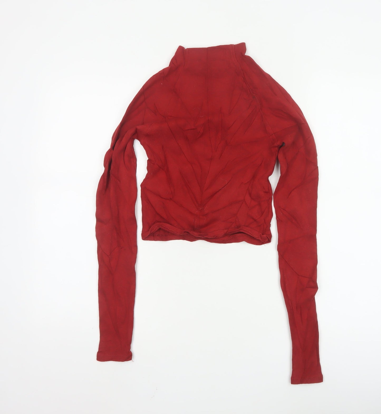 Zara Women Red Cropped High Neck Long Sleeve Cotton Top Size 12