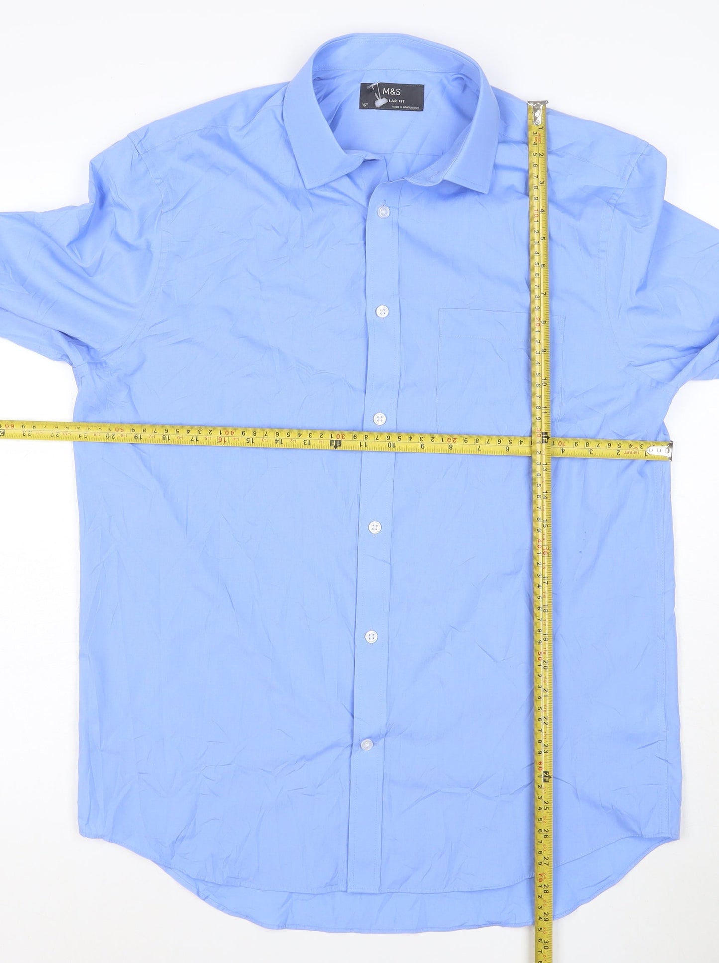 Marks and Spencer Men's Blue Regular Fit 16in Long Sleeve Button-Up Shirt
