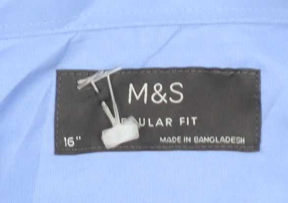 Marks and Spencer Men's Blue Regular Fit 16in Long Sleeve Button-Up Shirt
