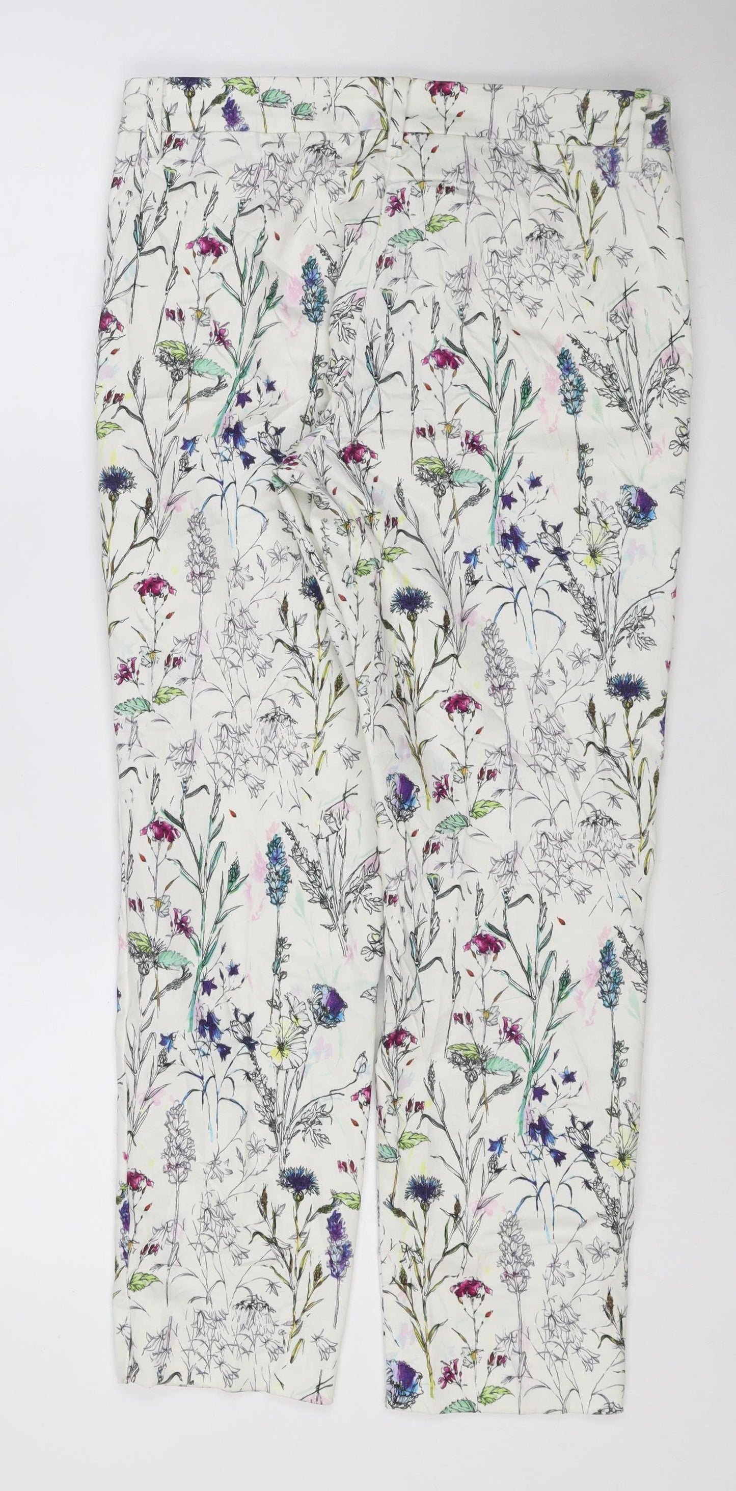 H&M Women White Floral Print Trousers Size 12 Straight Leg