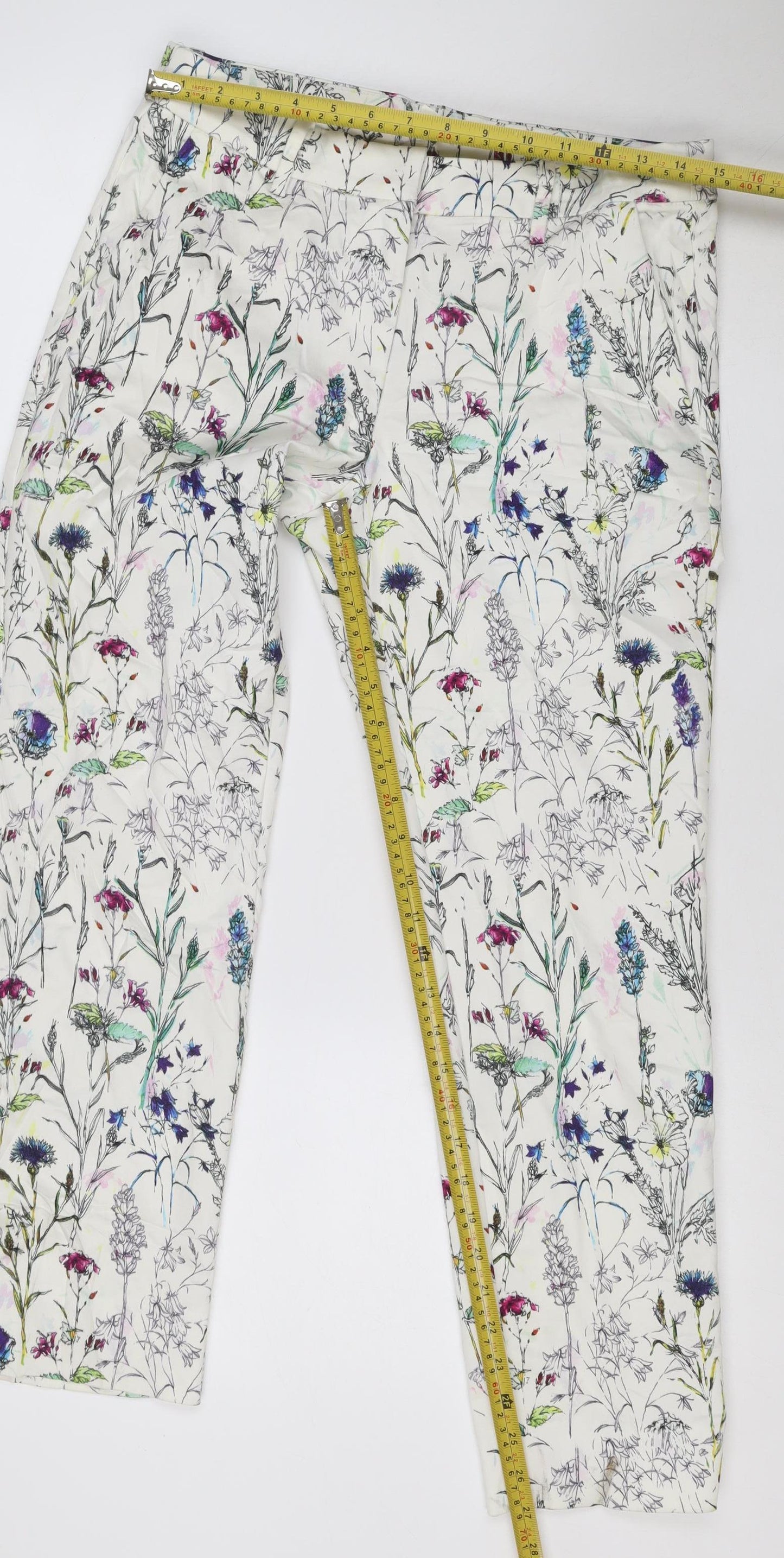 H&M Women White Floral Print Trousers Size 12 Straight Leg
