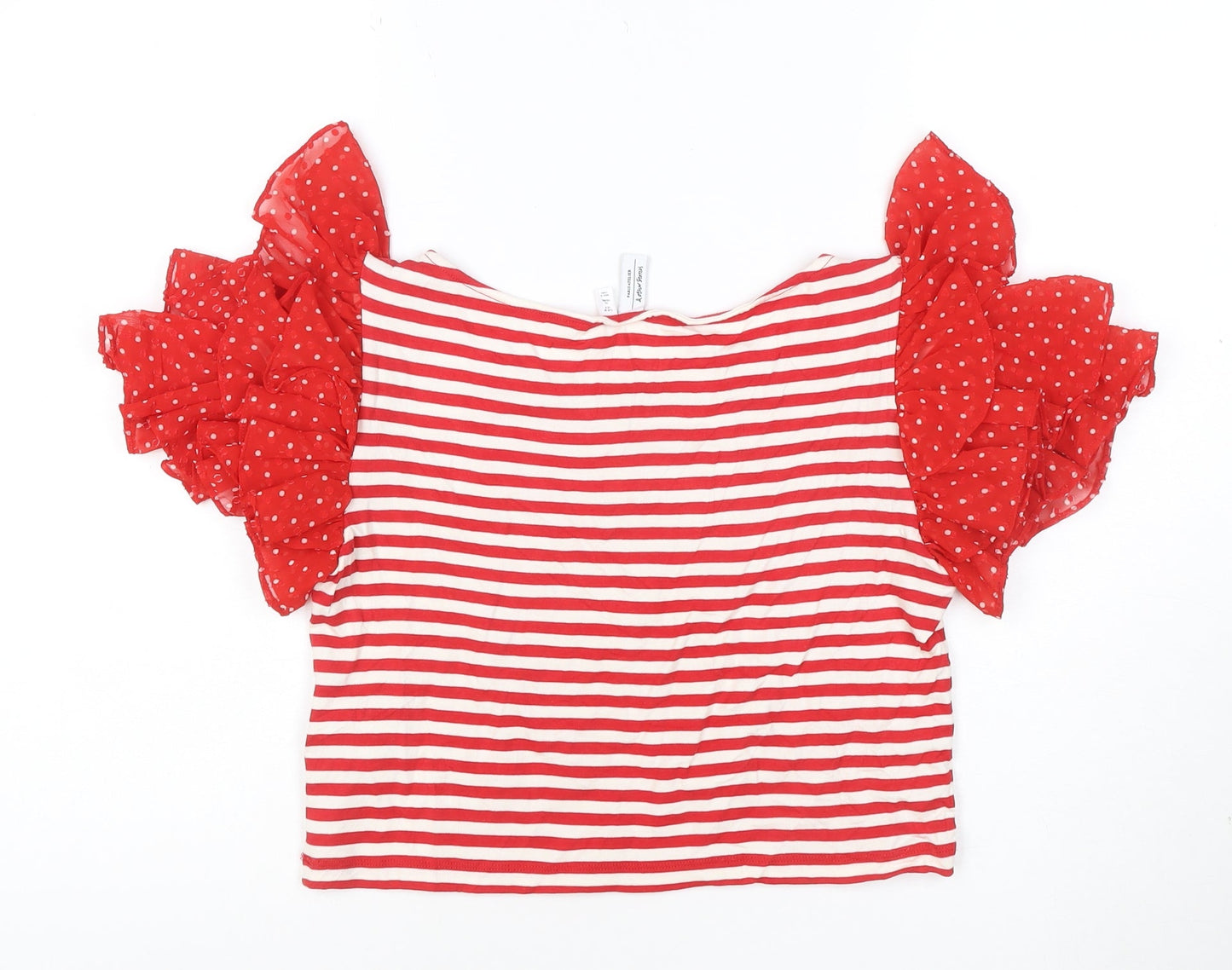 & Other Stories Women Red White Striped Puff Sleeve Cropped T-Shirt Size 10