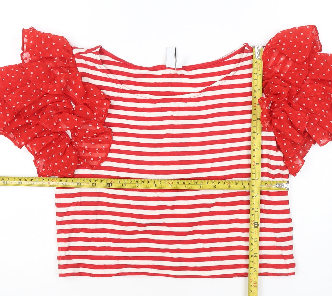 & Other Stories Women Red White Striped Puff Sleeve Cropped T-Shirt Size 10