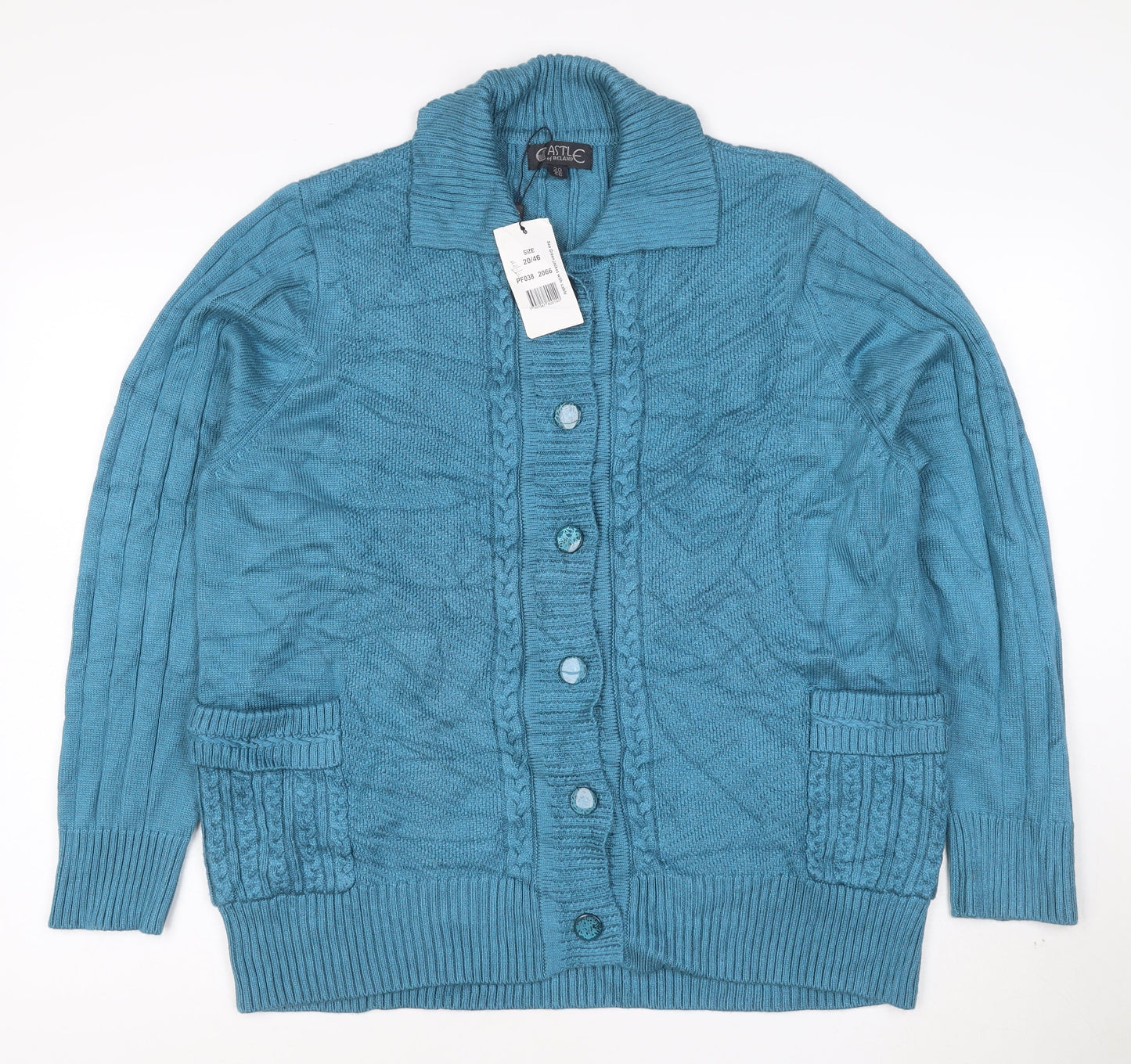 Castle of Ireland Women's Blue Wool Blend Collared Cable Knit Cardigan Size 20
