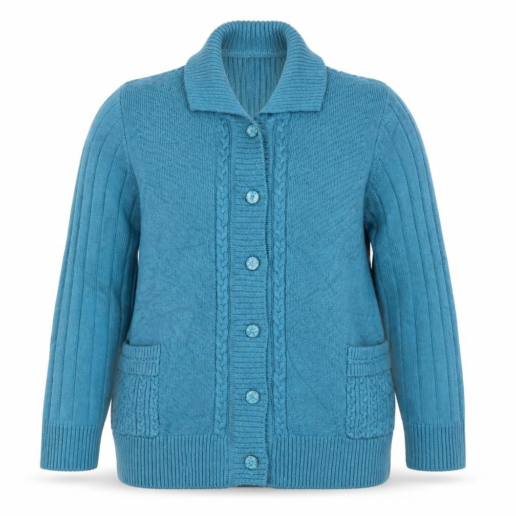 Castle of Ireland Women's Blue Wool Blend Collared Cable Knit Cardigan Size 20