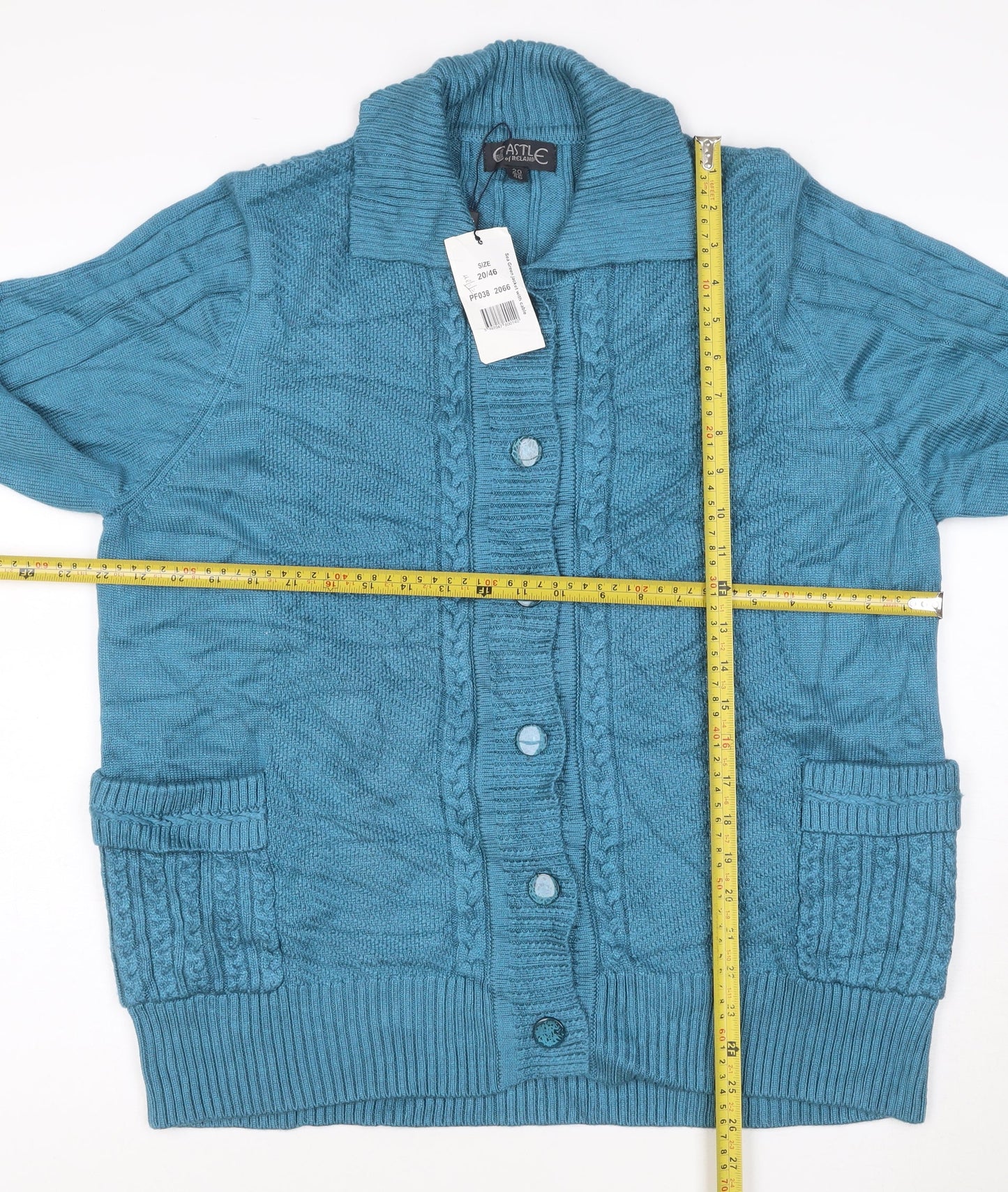 Castle of Ireland Women's Blue Wool Blend Collared Cable Knit Cardigan Size 20