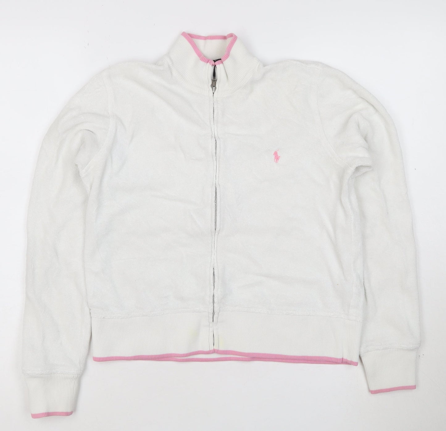 Ralph Lauren Women White Full Zip Hoodie M Cotton Pink Trim