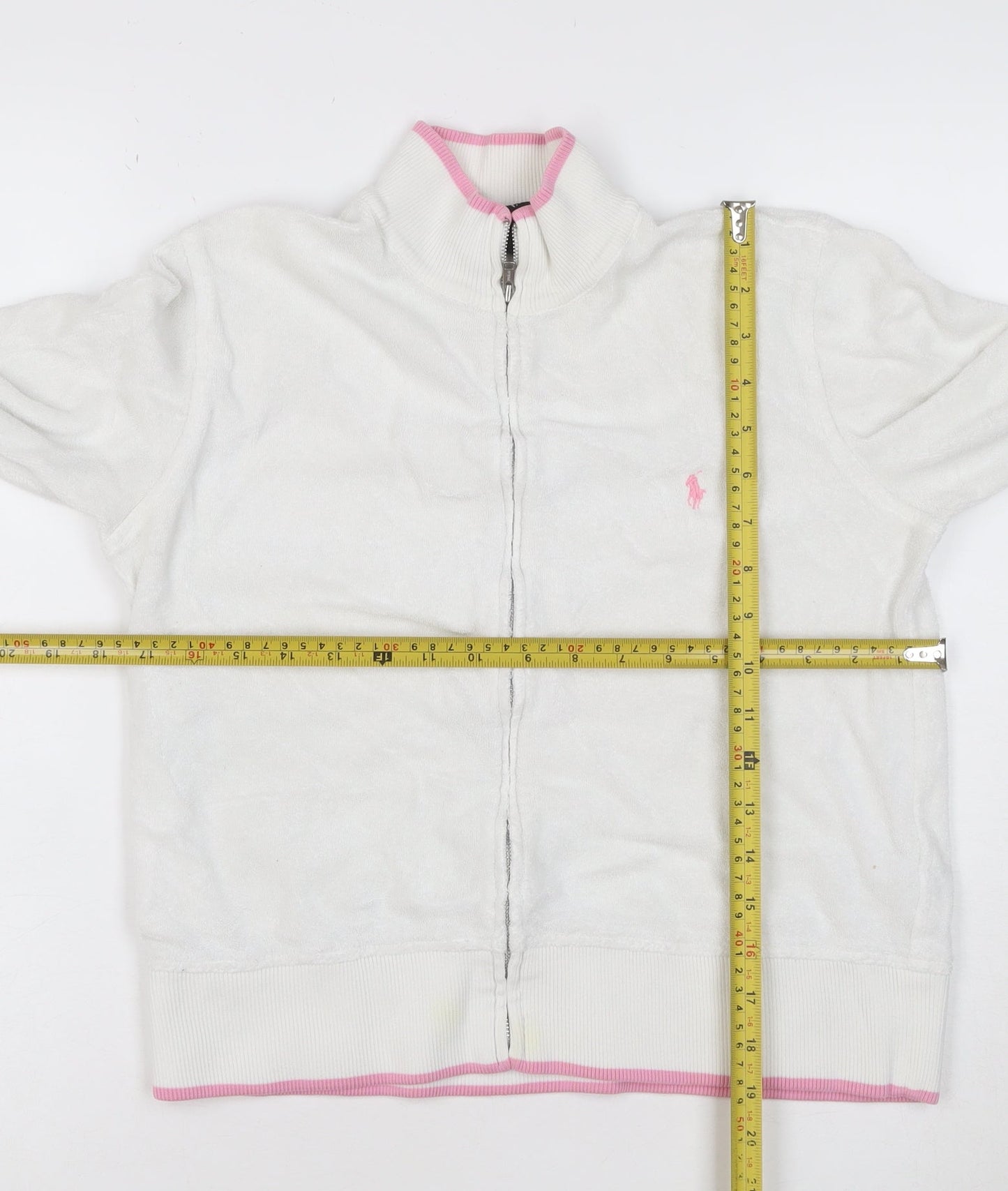 Ralph Lauren Women White Full Zip Hoodie M Cotton Pink Trim