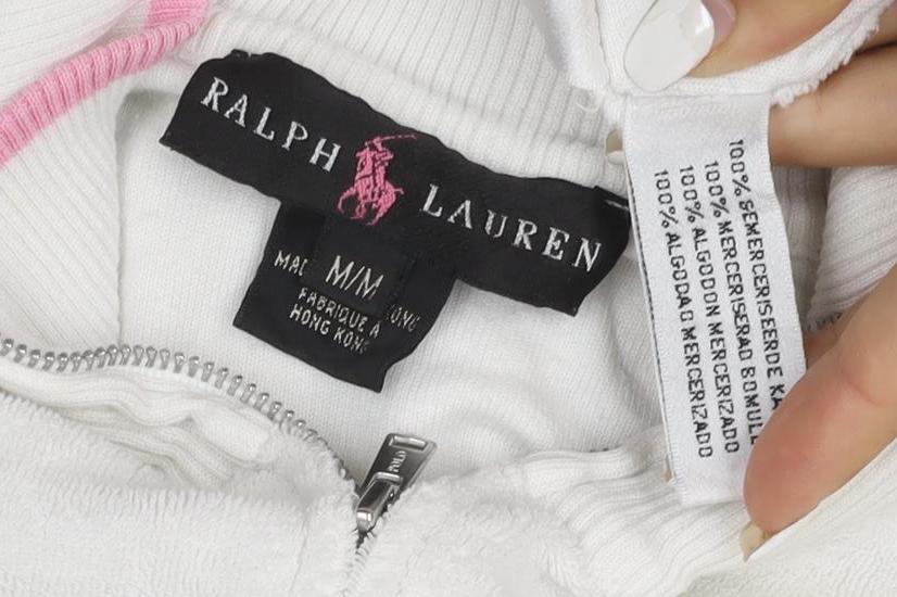 Ralph Lauren Women White Full Zip Hoodie M Cotton Pink Trim