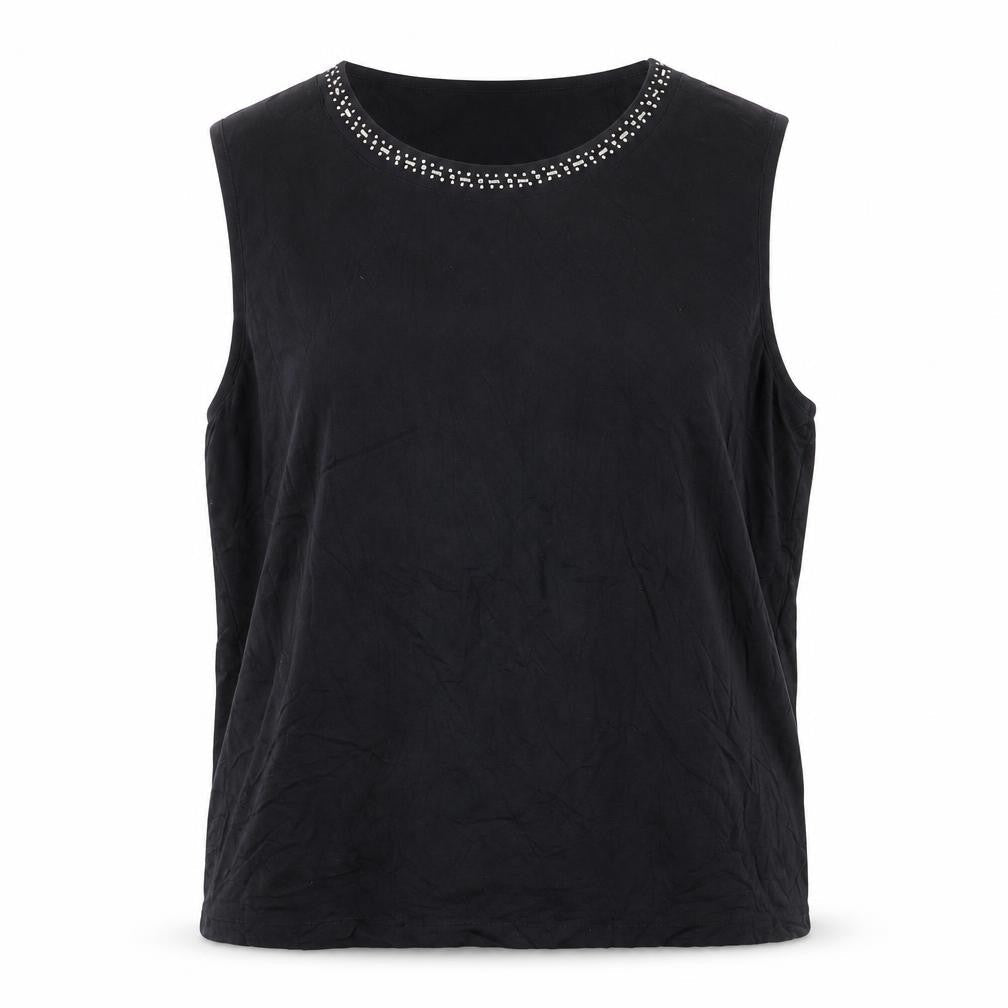 Karen Scott Women's Black XL Beaded Round Neck Sleeveless Cotton Tank Top