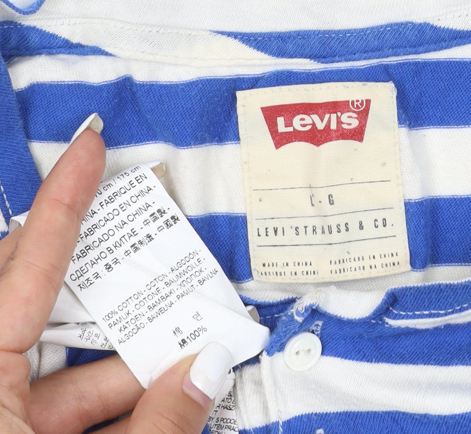 Levi's Women's Blue White Striped Henley Long Sleeve Cotton Top Size L