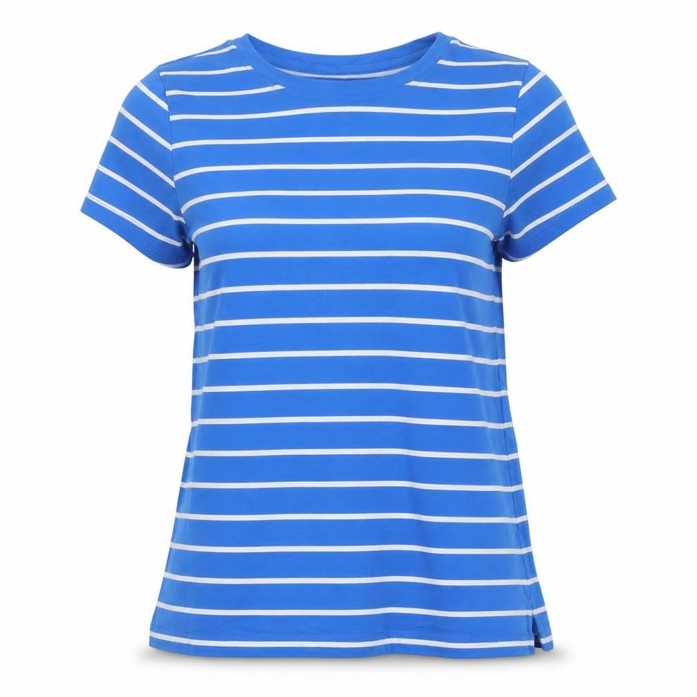 Lighthouse Women Blue Striped V-Neck Cotton T-Shirt Size 10