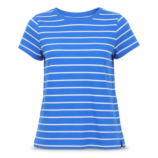 Lighthouse Women Blue Striped V-Neck Cotton T-Shirt Size 10