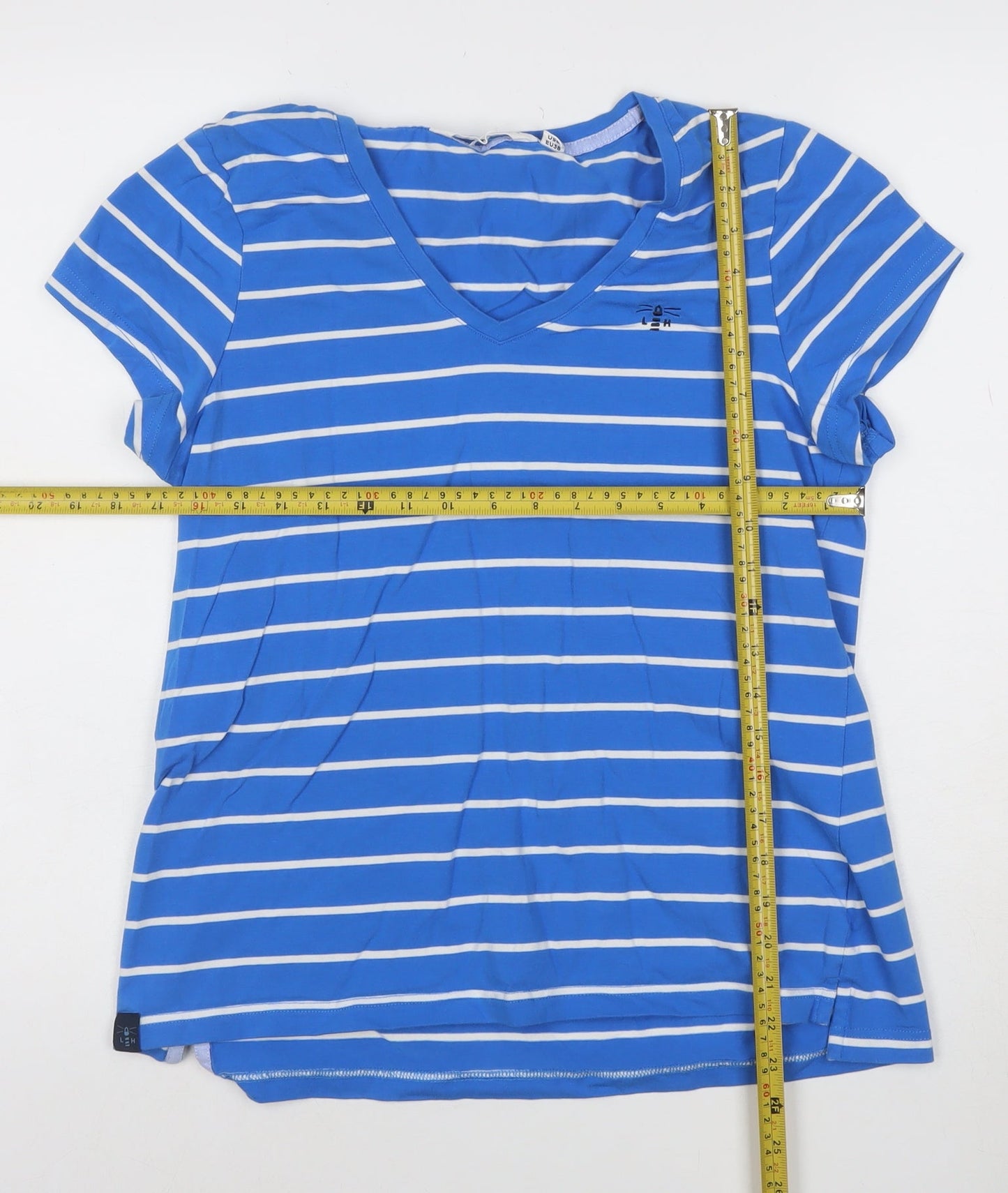 Lighthouse Women Blue Striped V-Neck Cotton T-Shirt Size 10