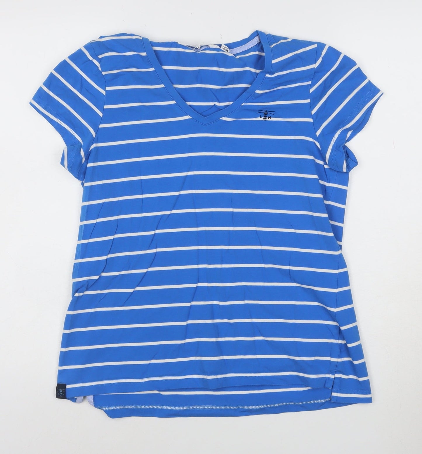 Lighthouse Women Blue Striped V-Neck Cotton T-Shirt Size 10