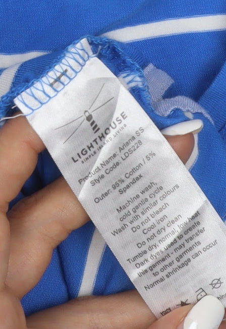 Lighthouse Women Blue Striped V-Neck Cotton T-Shirt Size 10