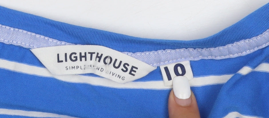 Lighthouse Women Blue Striped V-Neck Cotton T-Shirt Size 10