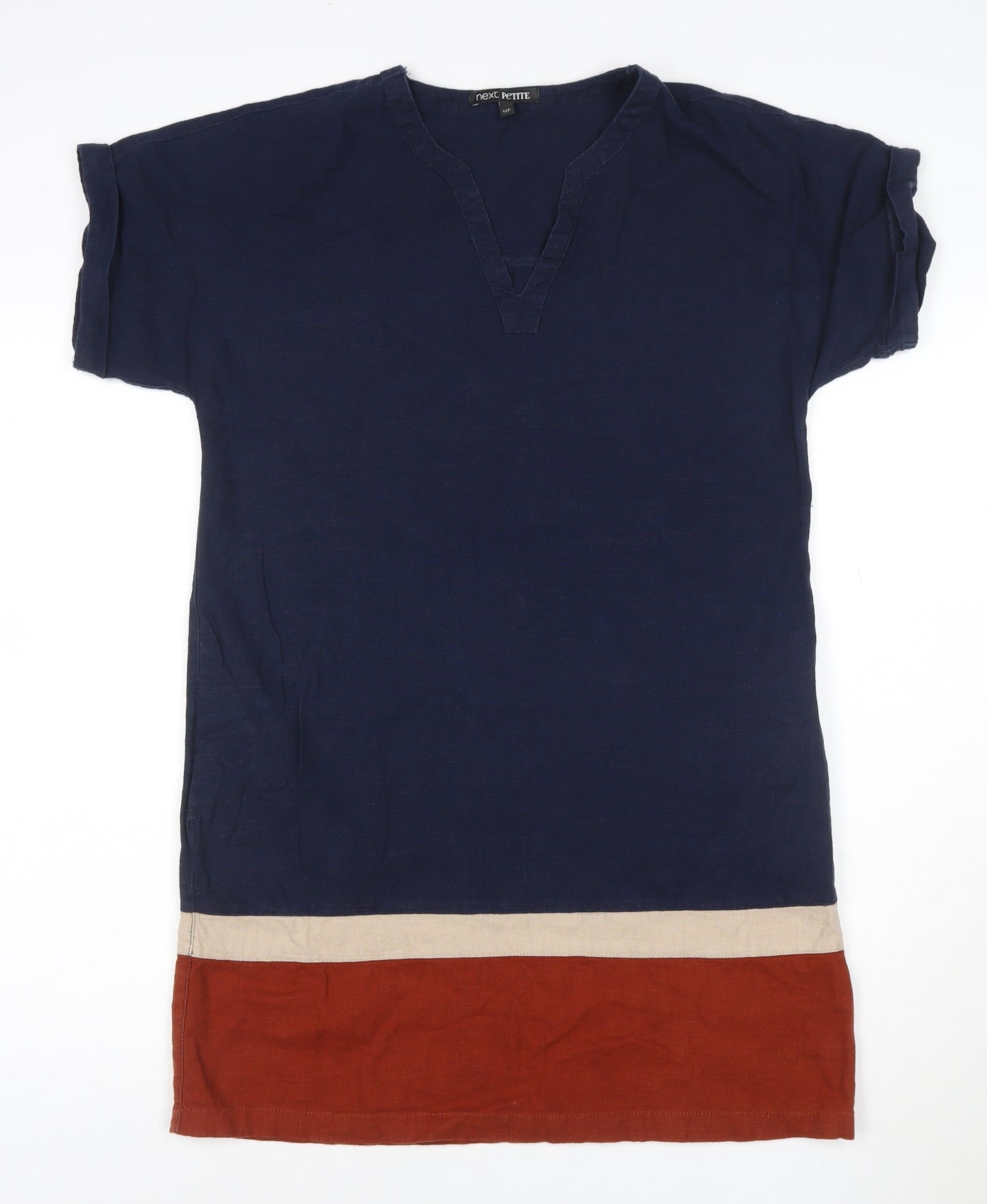 Next Women Blue Colourblock Linen Blend Short Sleeve Shift Dress Size 12