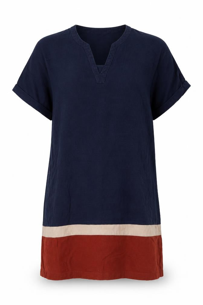 Next Women Blue Colourblock Linen Blend Short Sleeve Shift Dress Size 12