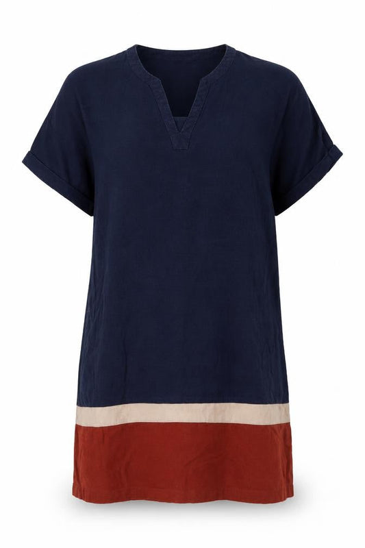 Next Women Blue Colourblock Linen Blend Short Sleeve Shift Dress Size 12