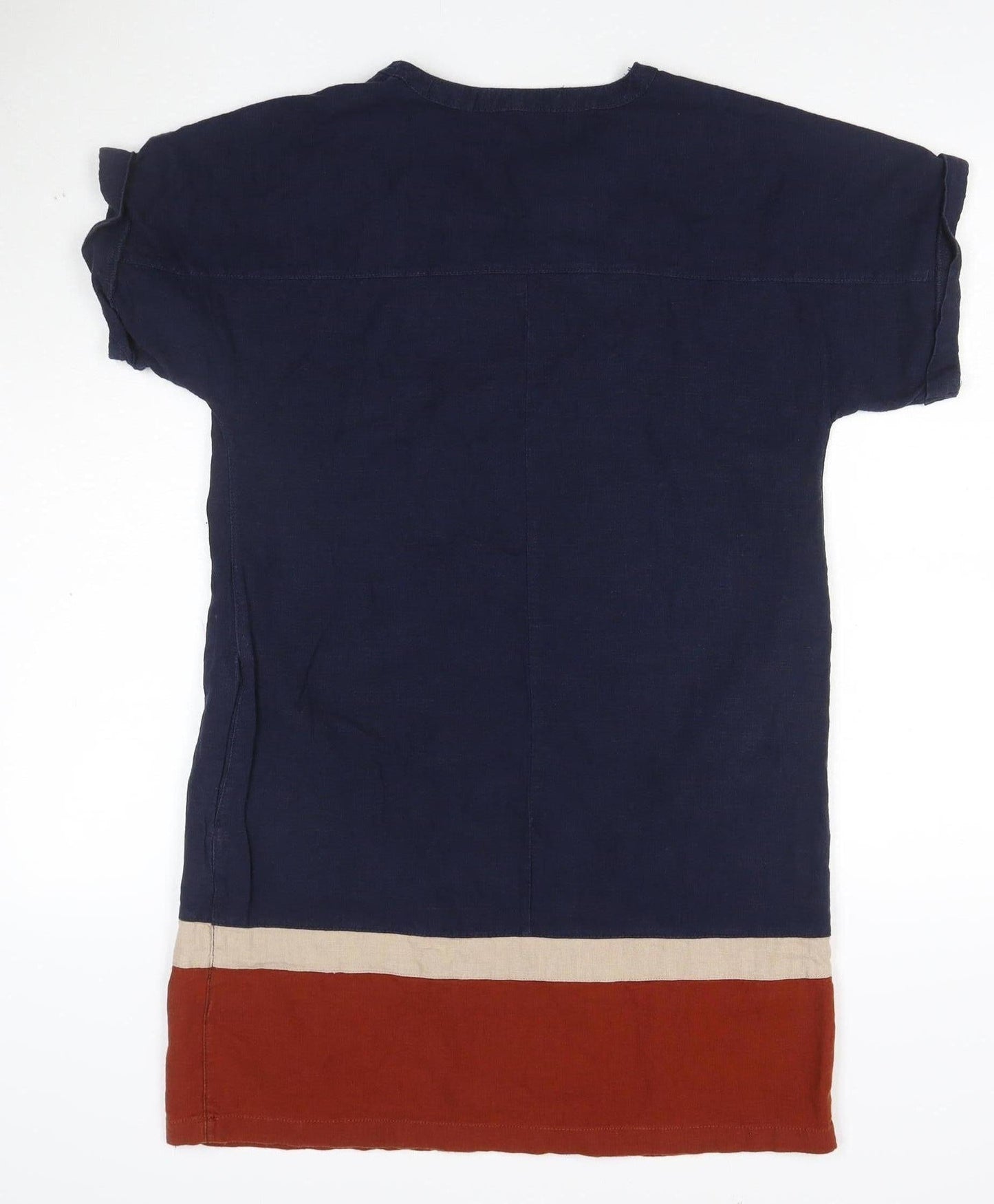Next Women Blue Colourblock Linen Blend Short Sleeve Shift Dress Size 12