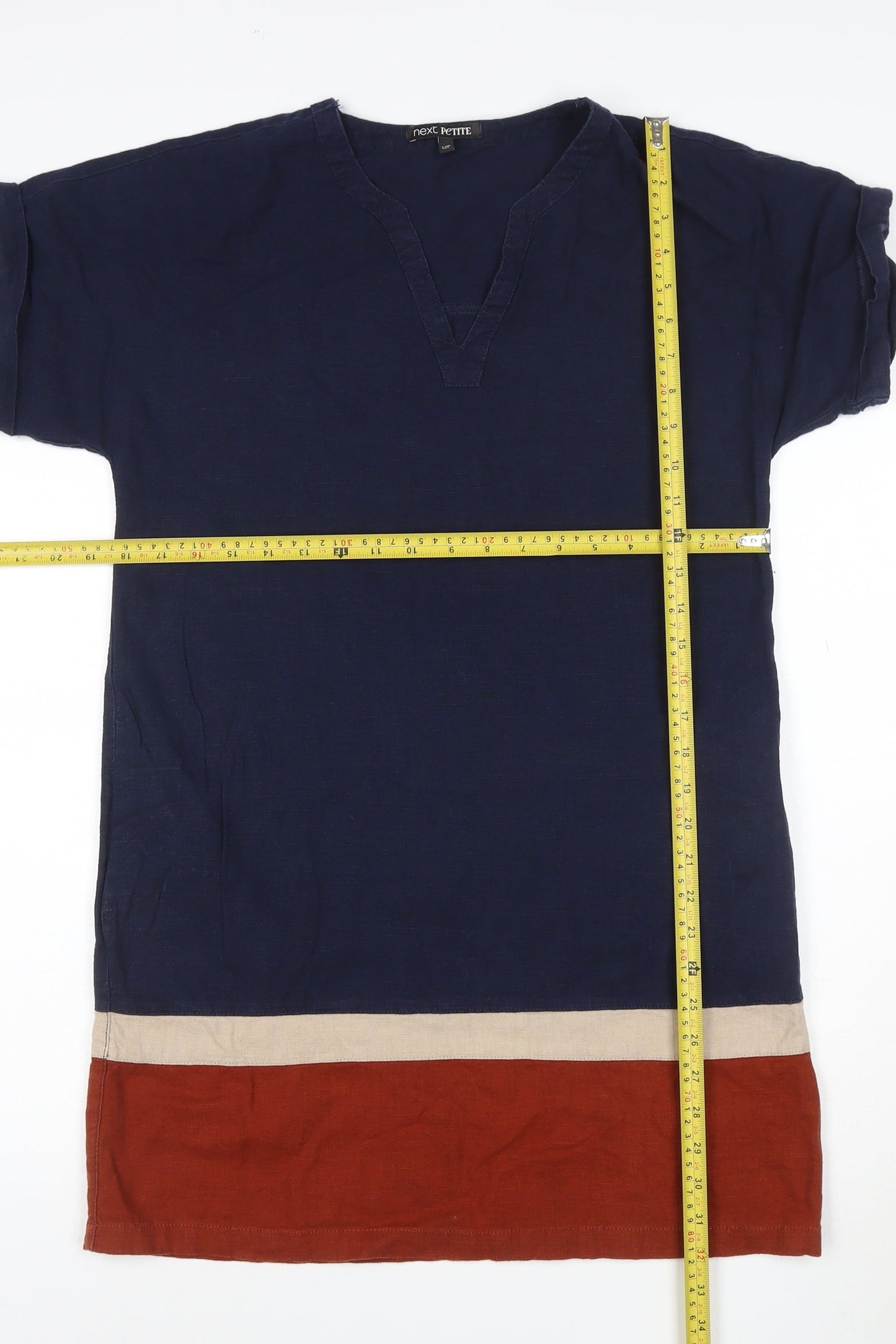 Next Women Blue Colourblock Linen Blend Short Sleeve Shift Dress Size 12