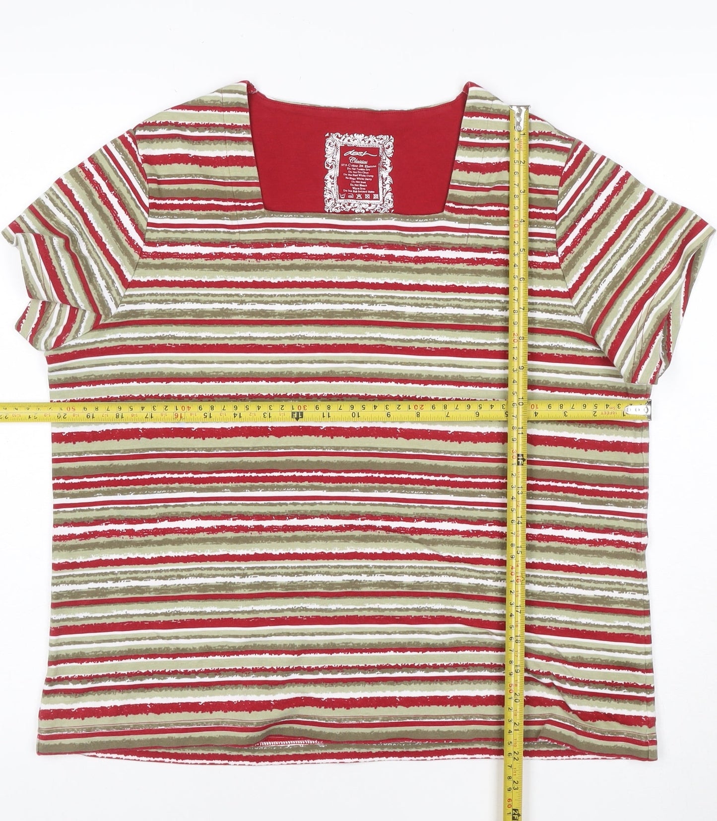 Dash Women Red Striped Cotton Stretch Short Sleeve T-Shirt Size 20