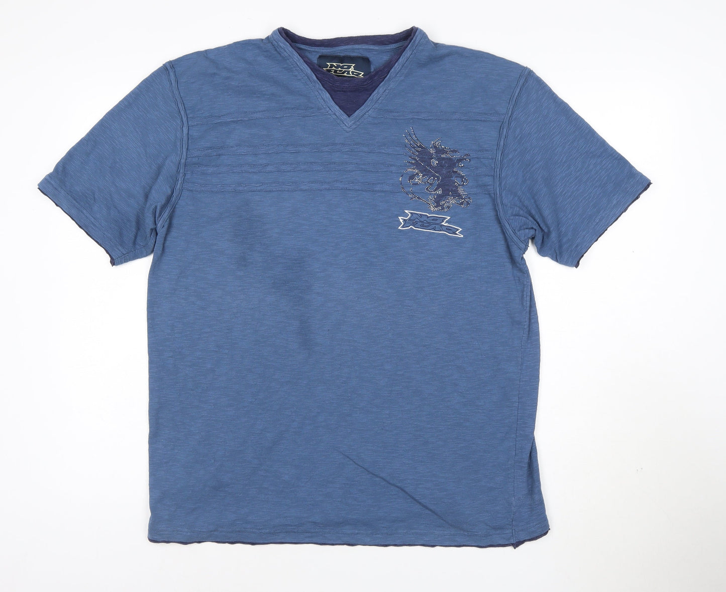 No Fear Men’s Blue V-Neck Dragon Graphic T-Shirt Size L