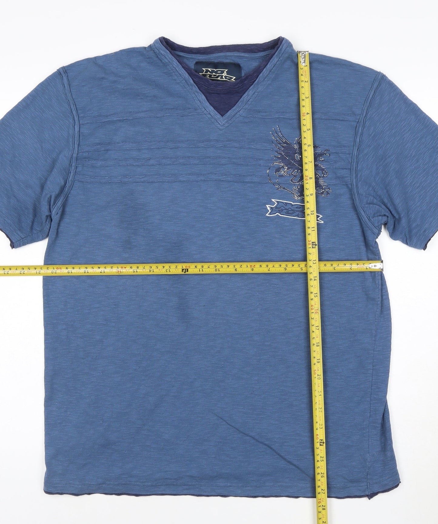 No Fear Men’s Blue V-Neck Dragon Graphic T-Shirt Size L