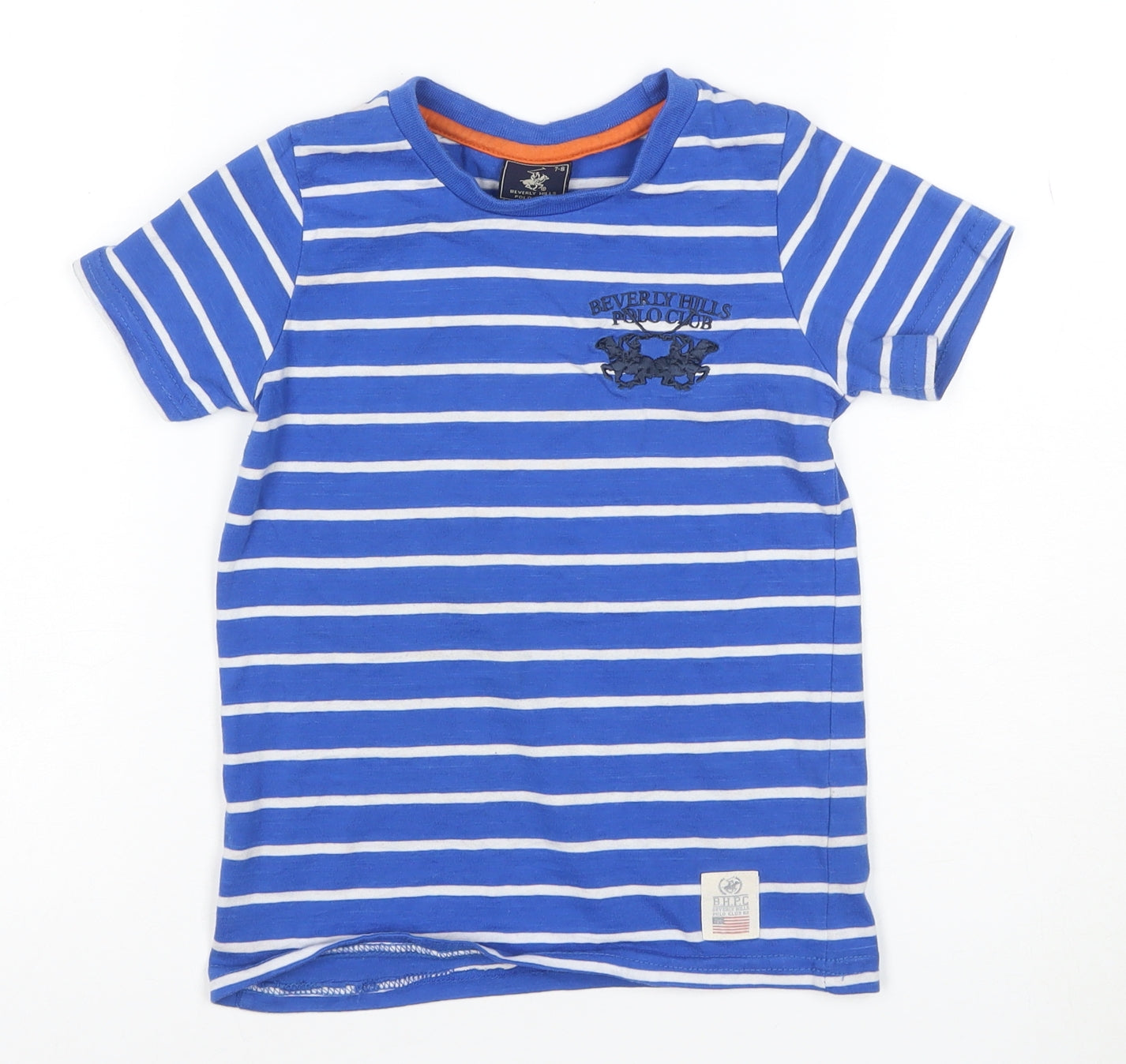 Beverly Hills Polo Club Boys Blue Striped T-Shirt 7-8 Years Short Sleeve