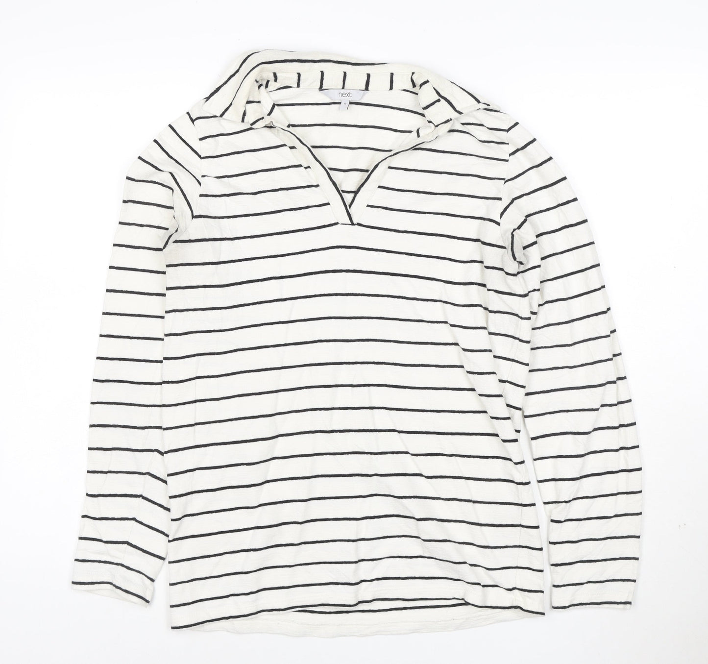 Next Women's White Striped Cotton Long Sleeve V-Neck Top Size 10