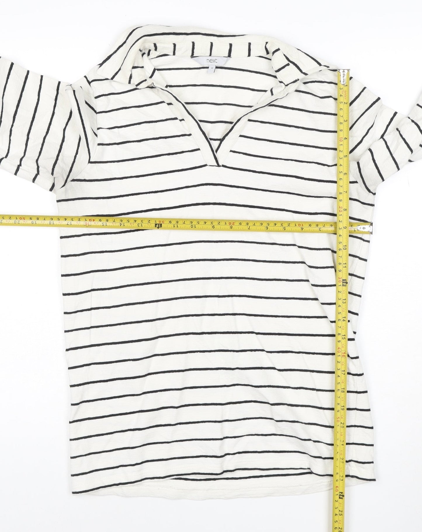 Next Women's White Striped Cotton Long Sleeve V-Neck Top Size 10