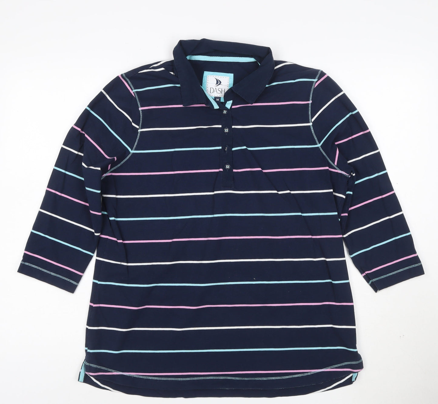 Dash Womens Blue Striped Polo Shirt Size 16 Collared 3/4 Sleeve Cotton