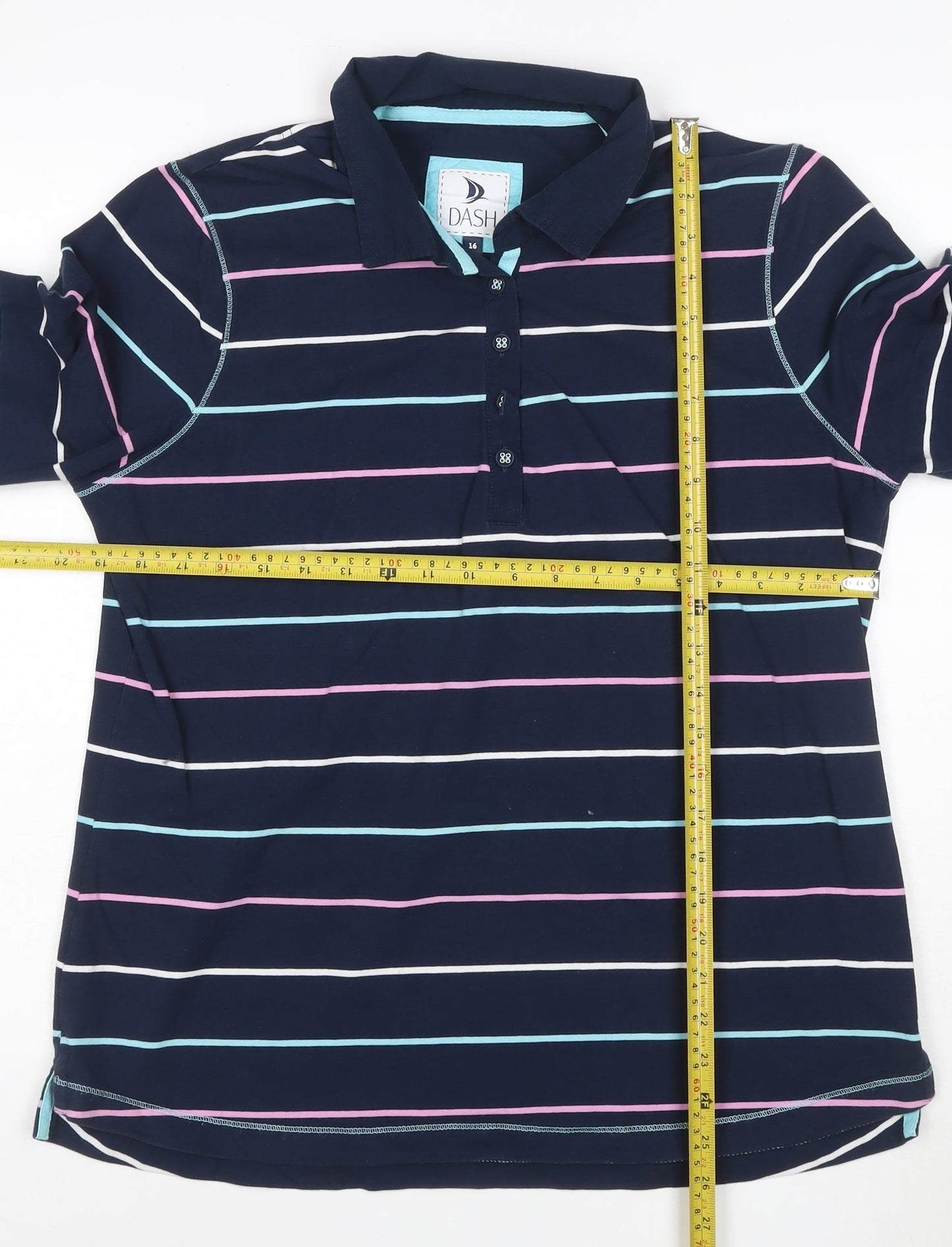 Dash Womens Blue Striped Polo Shirt Size 16 Collared 3/4 Sleeve Cotton
