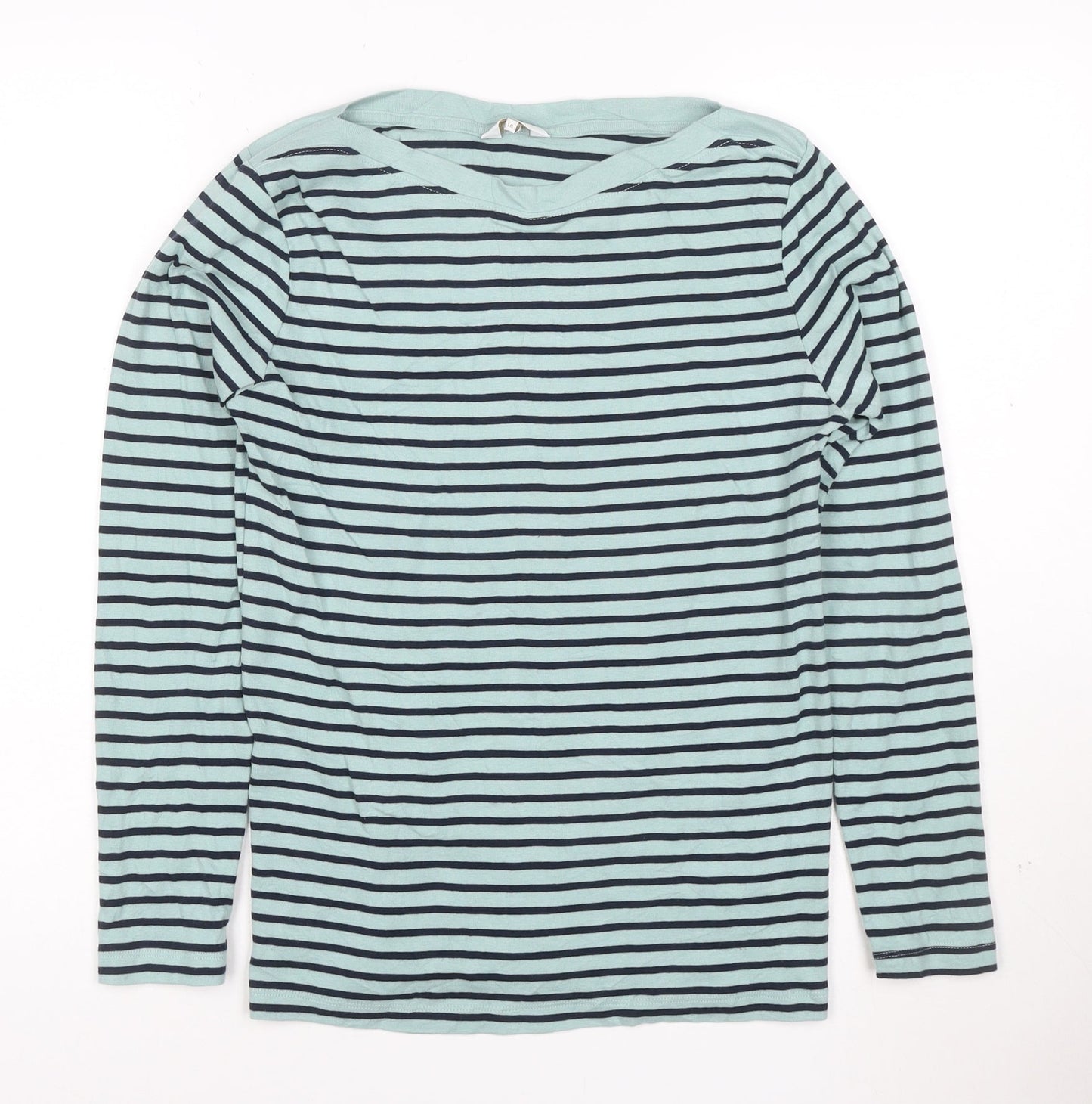 Cotton Traders Women’s Blue Striped Long Sleeve Boat Neck Cotton T-Shirt Size 10
