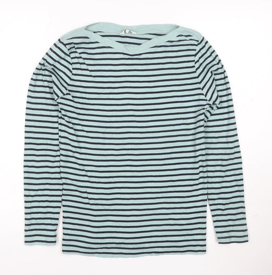 Cotton Traders Women’s Blue Striped Long Sleeve Boat Neck Cotton T-Shirt Size 10