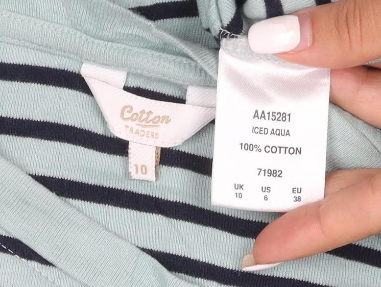 Cotton Traders Women’s Blue Striped Long Sleeve Boat Neck Cotton T-Shirt Size 10