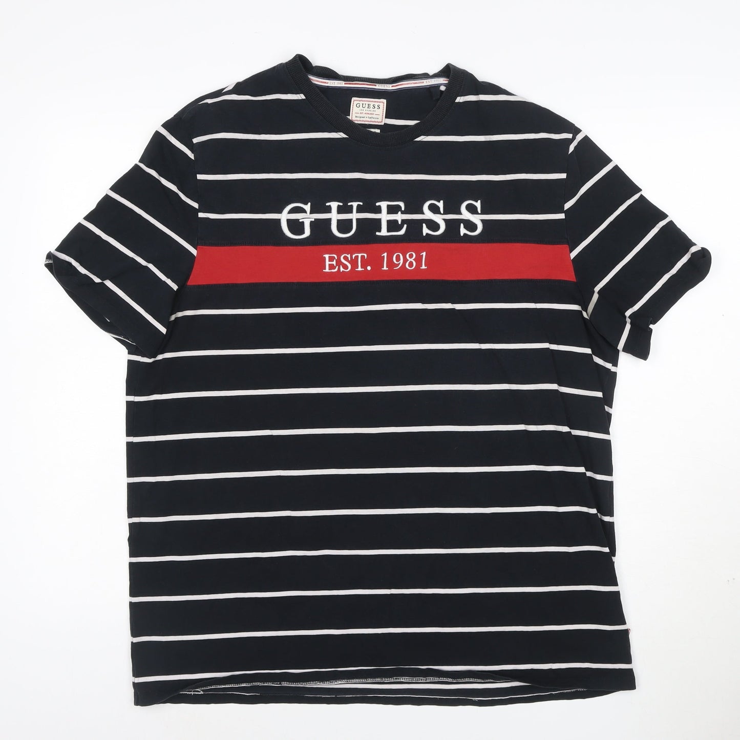 Guess Men's Blue Striped Logo Crew Neck T-Shirt XL