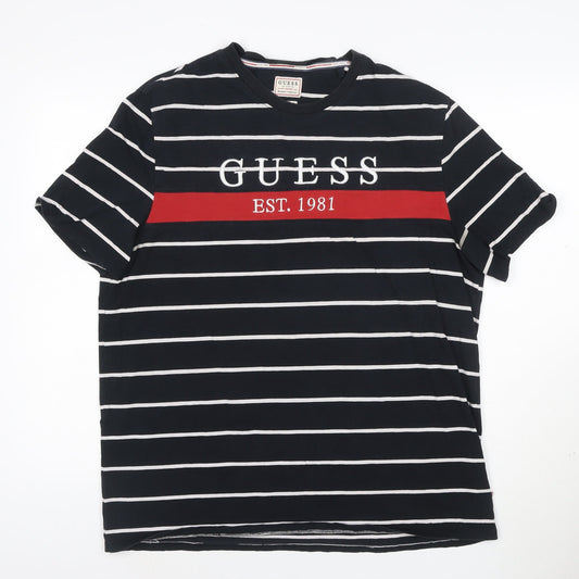 Guess Men's Blue Striped Logo Crew Neck T-Shirt XL