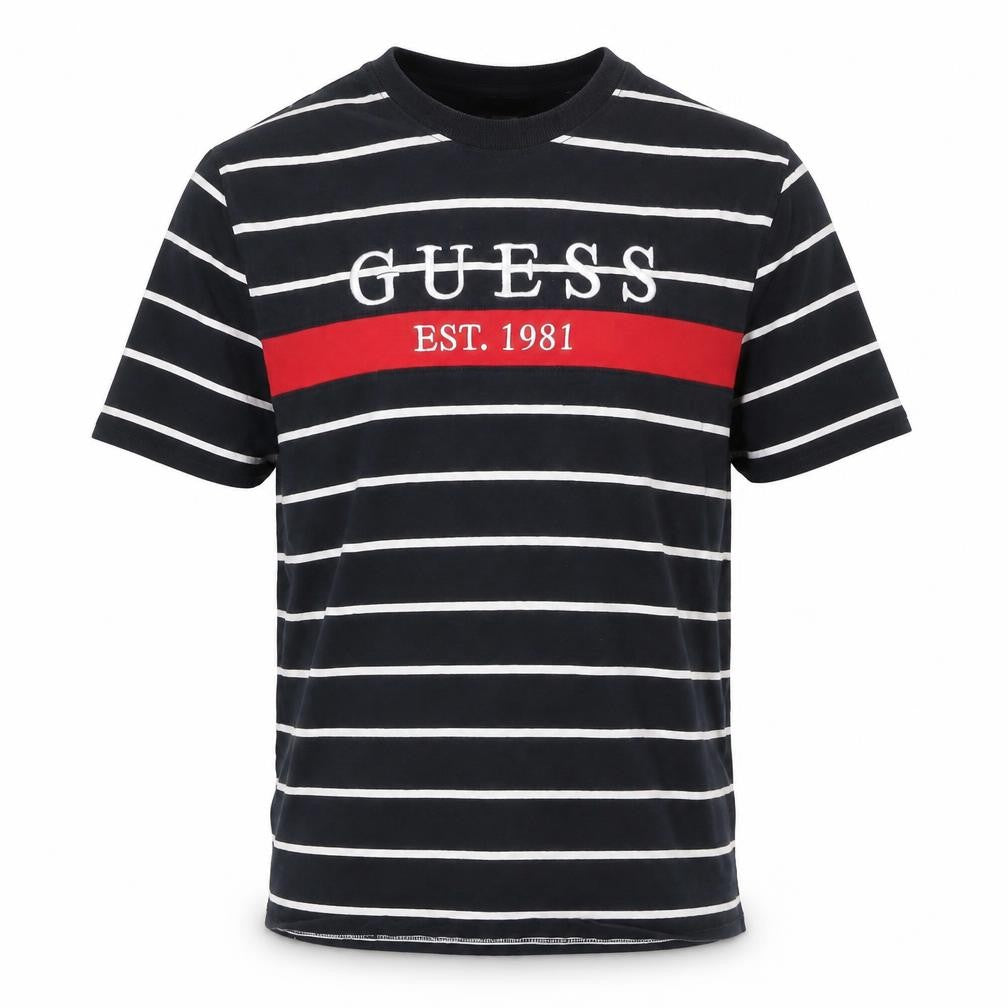 Guess Men's Blue Striped Logo Crew Neck T-Shirt XL