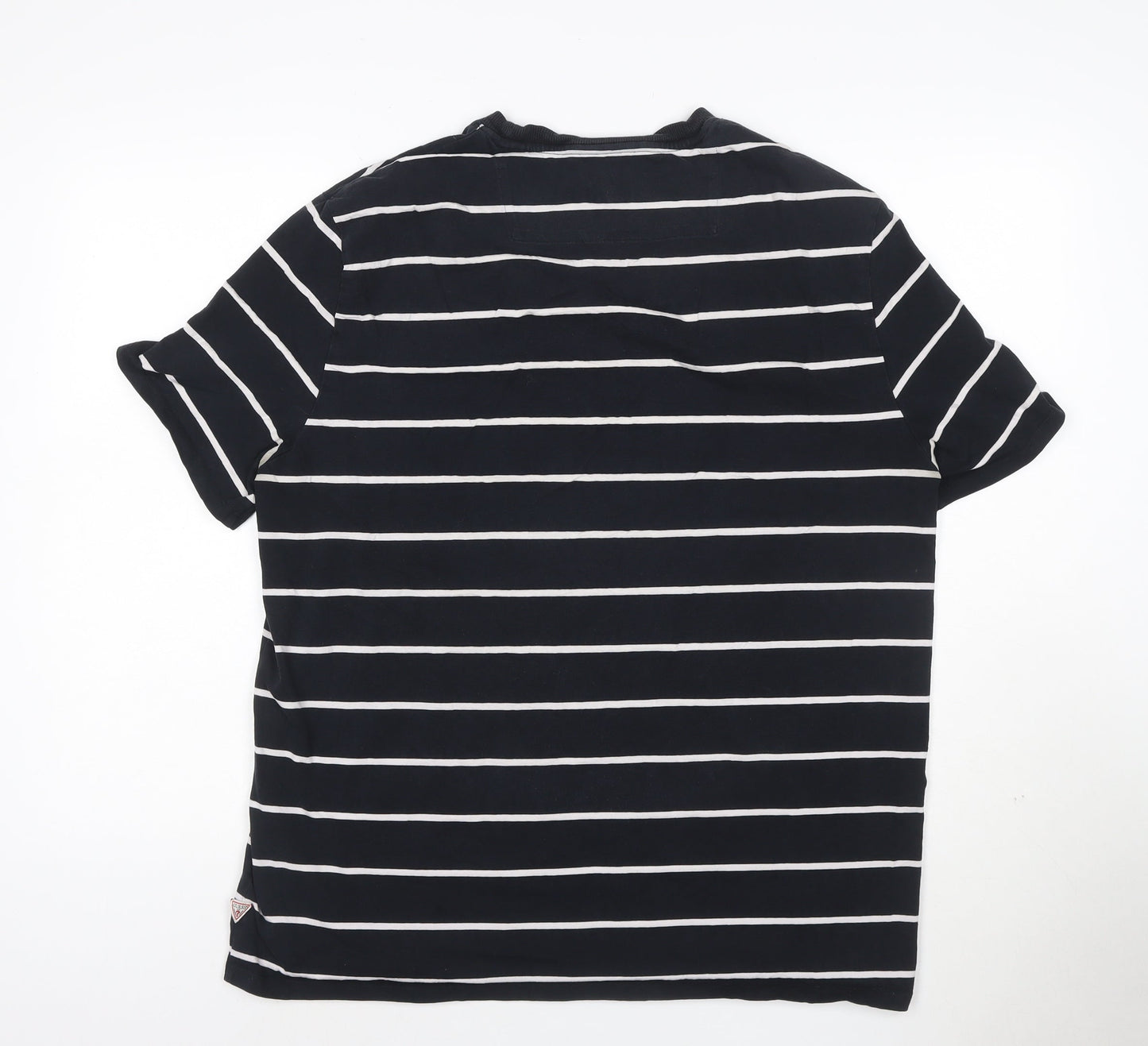 Guess Men's Blue Striped Logo Crew Neck T-Shirt XL
