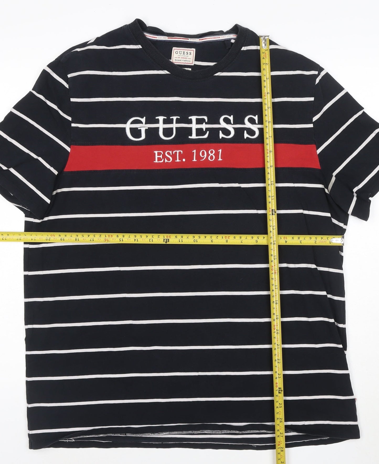 Guess Men's Blue Striped Logo Crew Neck T-Shirt XL