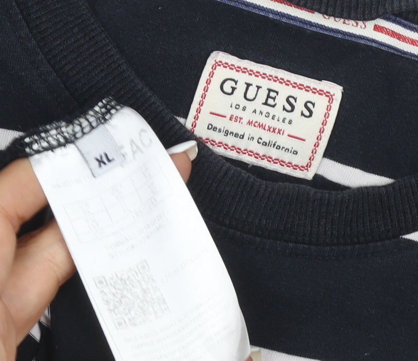 Guess Men's Blue Striped Logo Crew Neck T-Shirt XL