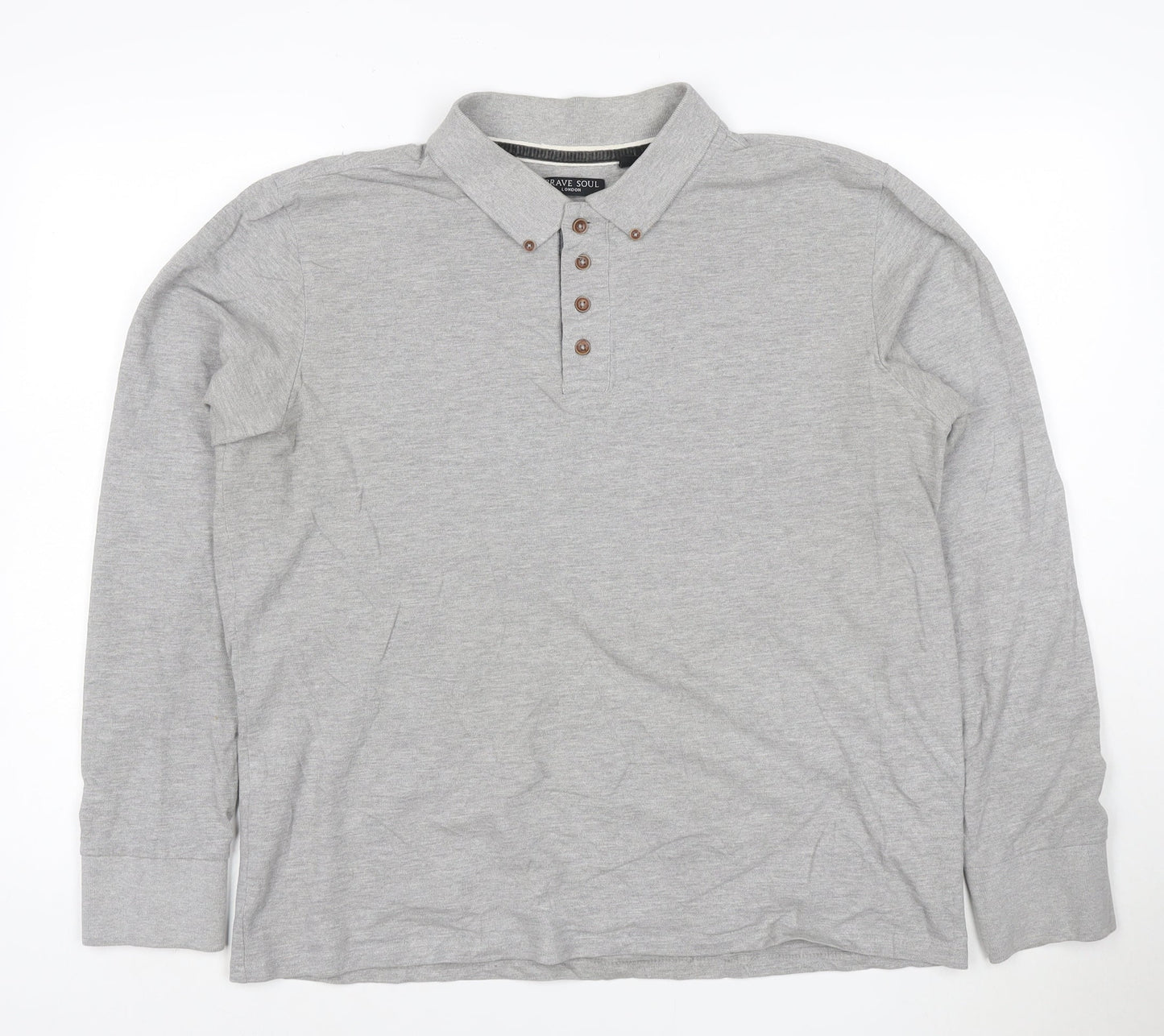 Brave Soul London Men's Grey Long Sleeve Polo Shirt XL Classic Fit