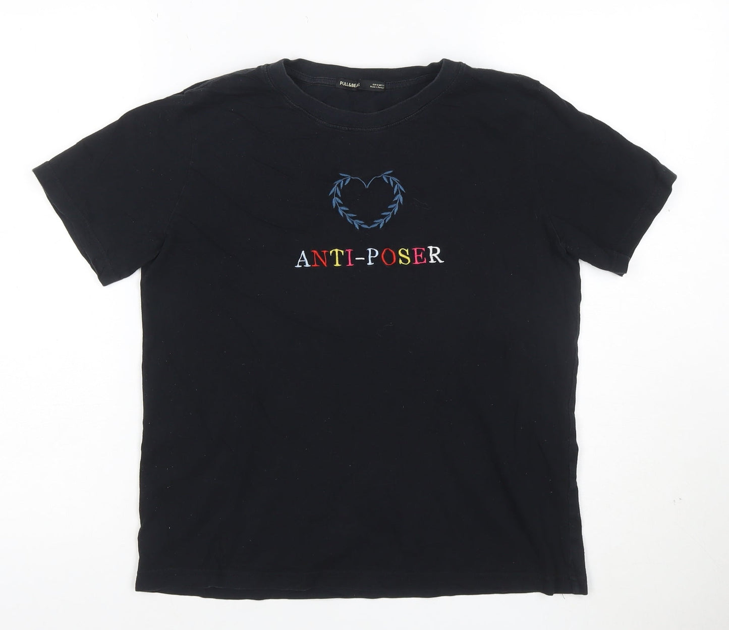 Pull&Bear Women Black Anti-Poser Embroidered Cotton T-Shirt S
