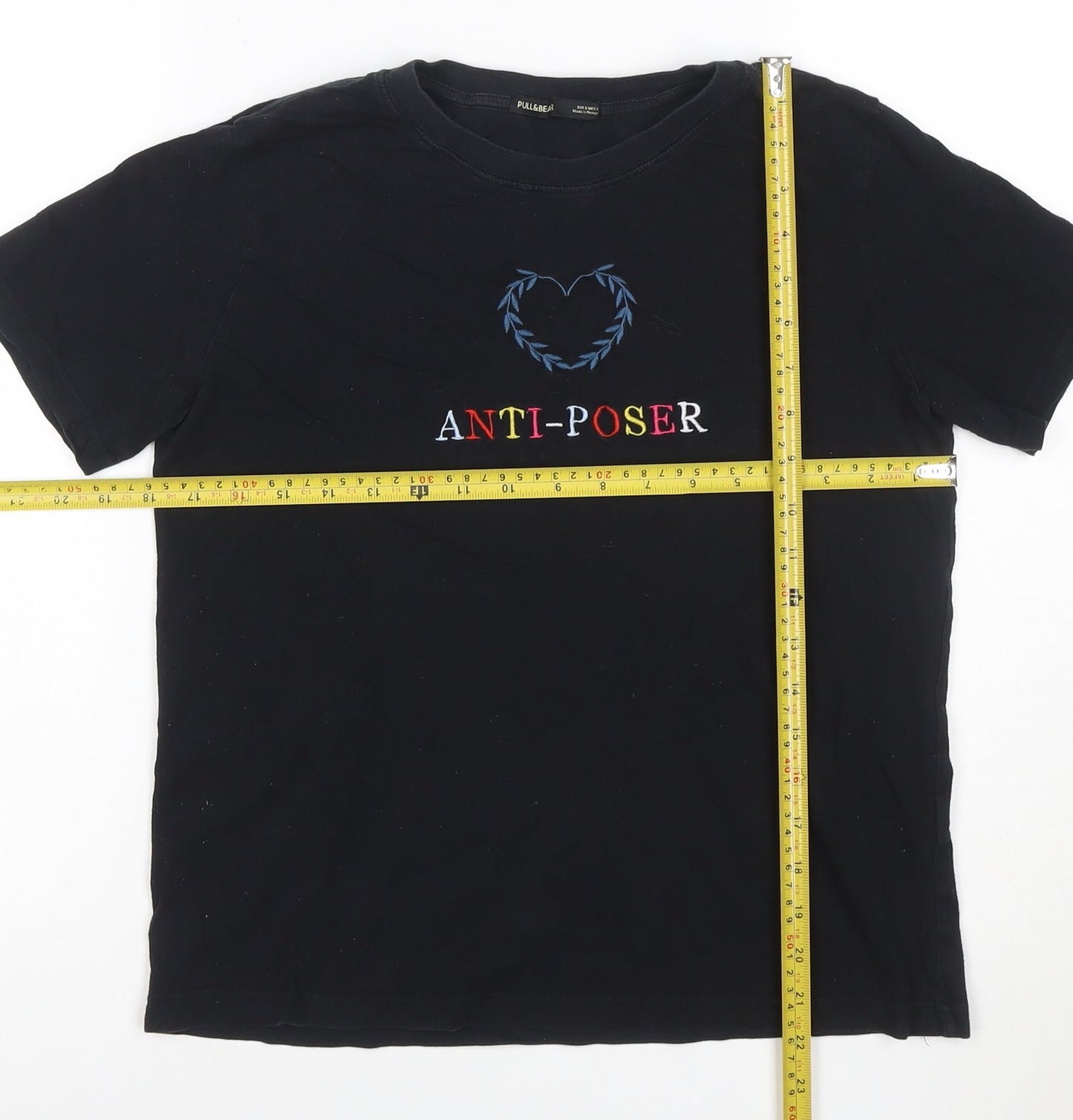 Pull&Bear Women Black Anti-Poser Embroidered Cotton T-Shirt S