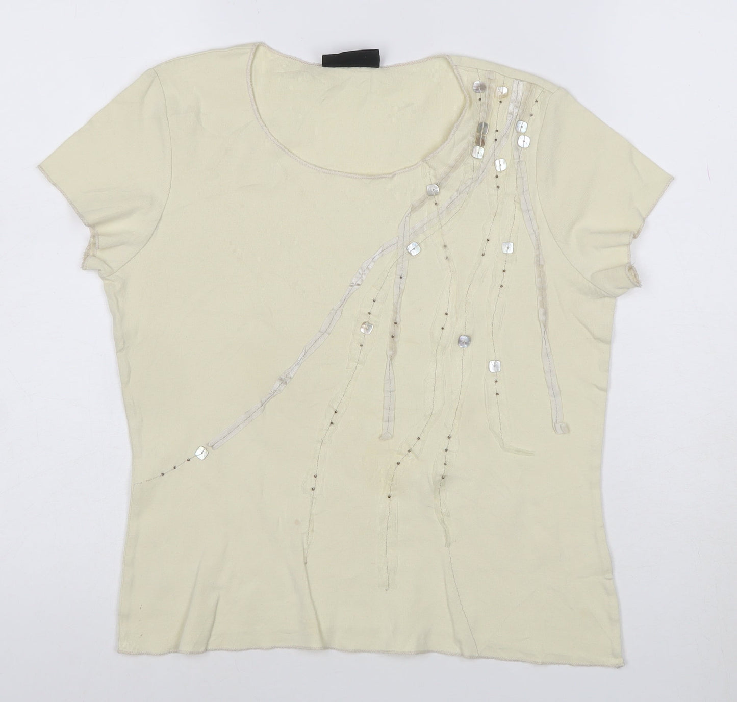 Principles Women's Beige Sequin Short Sleeve Cotton T-Shirt Size 14