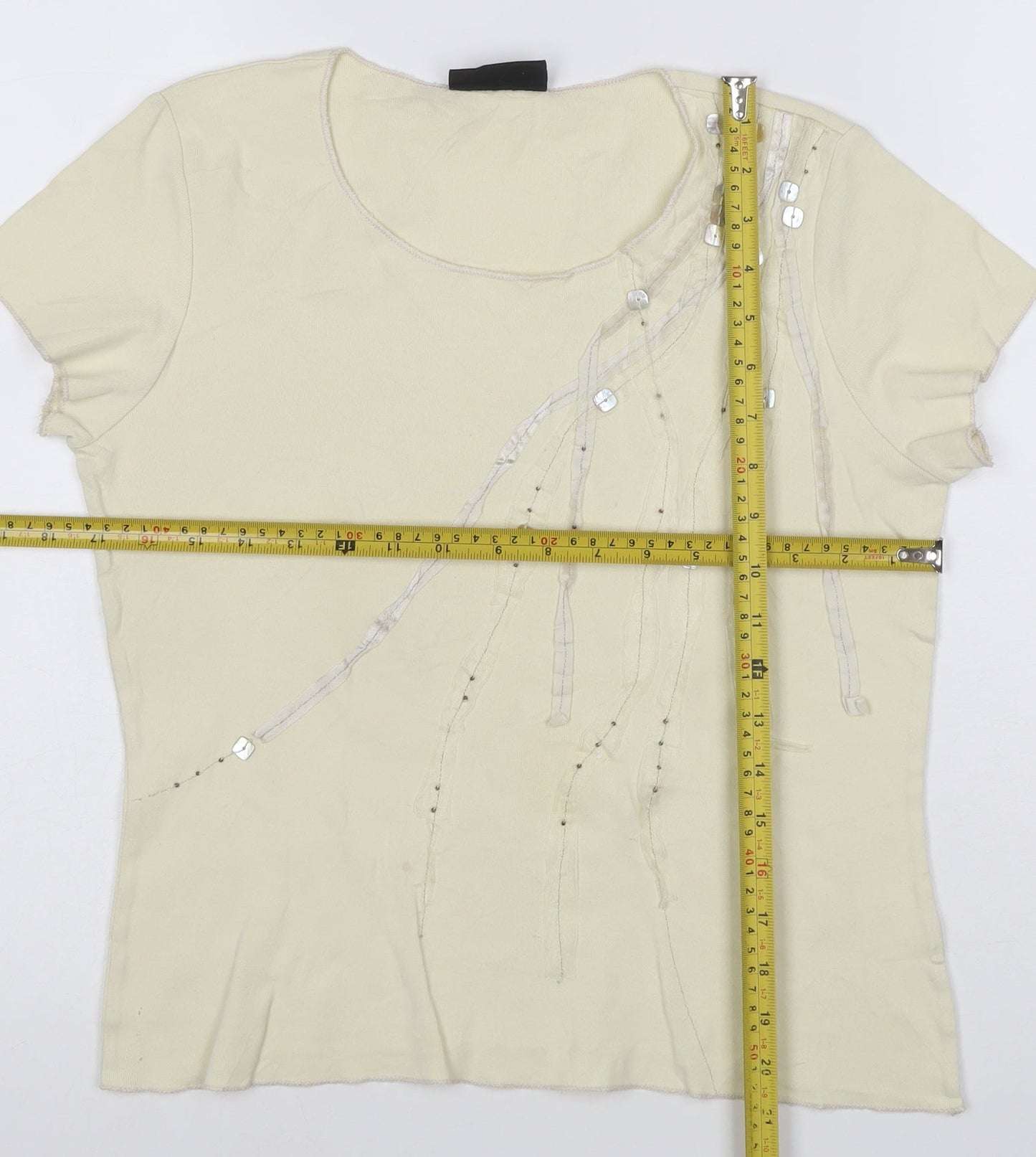 Principles Women's Beige Sequin Short Sleeve Cotton T-Shirt Size 14