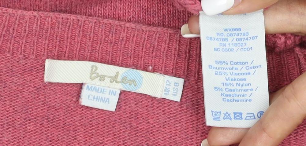 Boden Women Pink Crew Neck Long Sleeve Cotton Cashmere Jumper Size 12