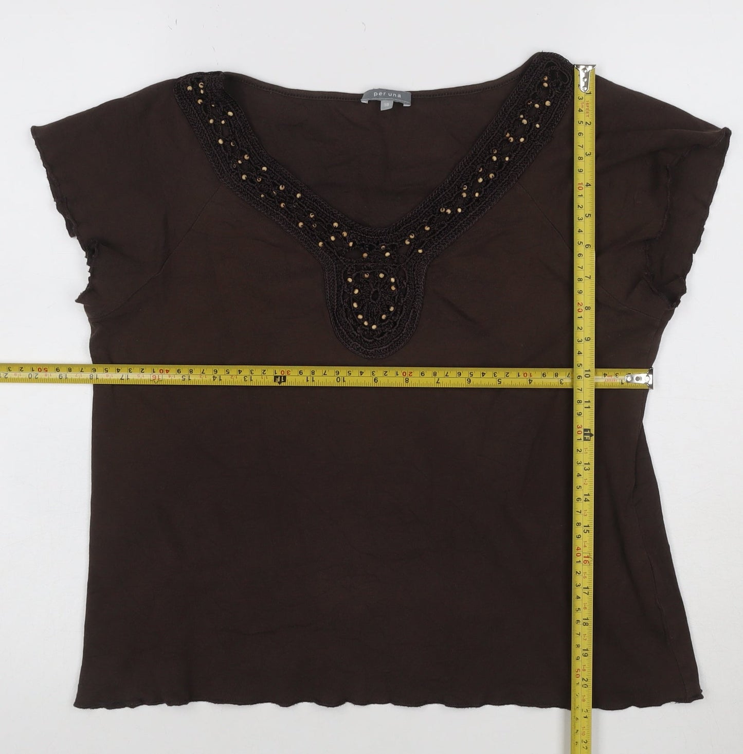 Marks and Spencer Per Una Women's Brown Beaded V-Neck Tunic Blouse Size 18